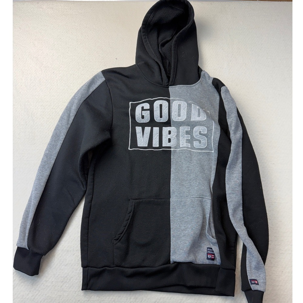 Phat Farm‎ Mens Good Vibes Colorblock Hoodie Black Grey Graphic Fleece XL 18/20